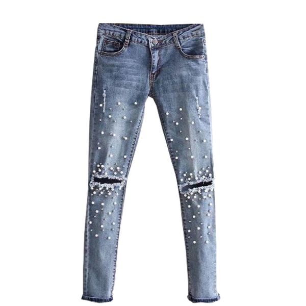 

2017 new fashion women girls hole bead jeans destroyed ripped pearled slim denim boyfriend jeans trousers, Blue