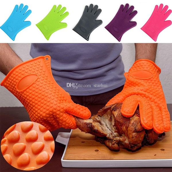 

new silicone bbq gloves anti slip heat resistant microwave oven pot baking cooking kitchen tool five fingers gloves wx9-11