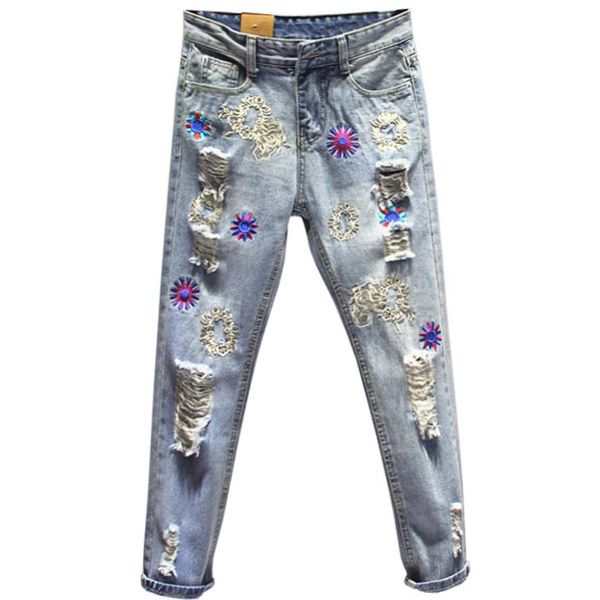 

2018 new fashion women denim embroidered jeans slim harem pants loose holes ankle-length jeans embroidery, Blue