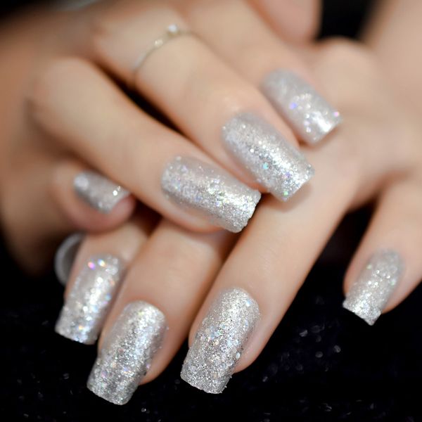 

transparent acrylic artificial nails silver glitter pre-designed finger fake nails with adhesive tapes 24, Red;gold