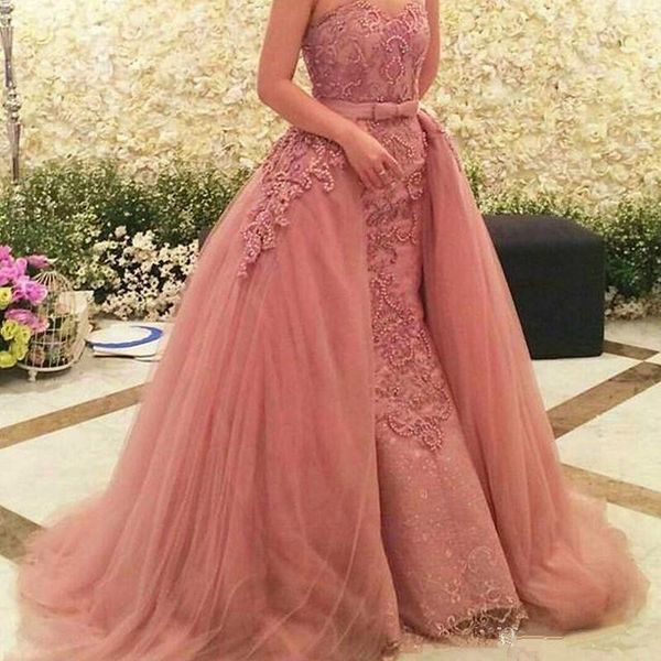 

2018 prom dresses arabic sweetheart sleeveless lace applique beads pearl sashes overskirts mermaid vestido party dress evening gowns wear, Black