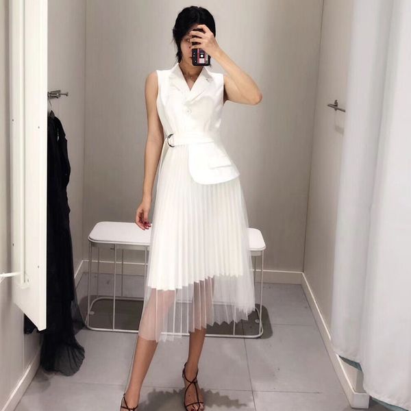 

qlzw] 2018 summer new fashion black white sleeveless notched stitching mesh hemline women's unique dress yc590, White;black