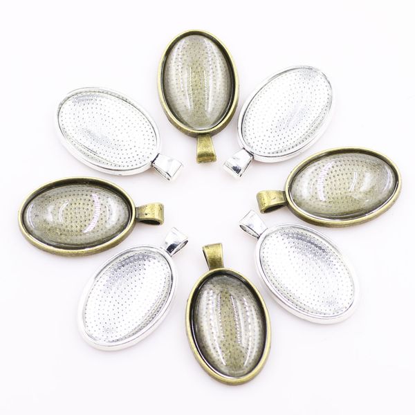 

zhubi 10pcs oval necklace pendant setting cabochon cameo base tray bezel blank fit 20x30mm cabochons diy retro jewelry findings, Blue;slivery