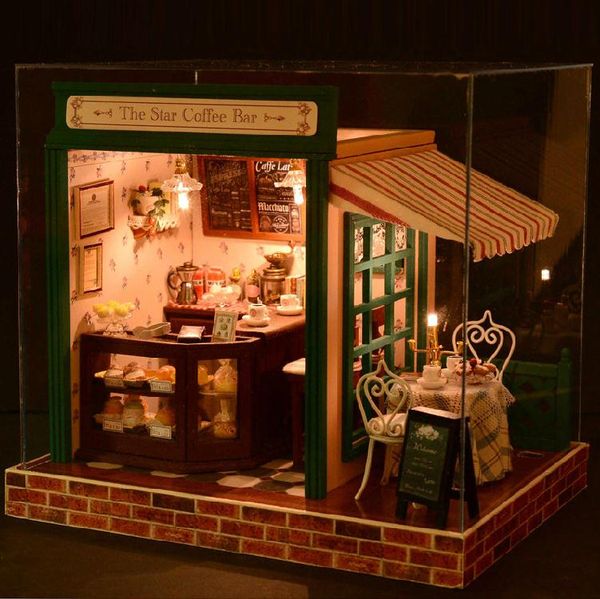 

assembling 3d miniature coffee shop model diy wood doll house with furniture led kit, xmas gift