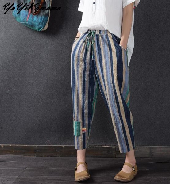 

yoyikamomo women cotton pants big size 2018 spring sumemr stripe elastic waist vintage loose harem women trousers, Black;white
