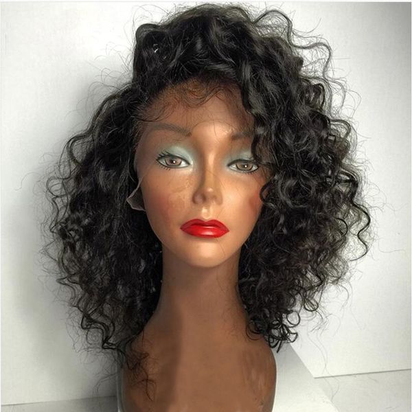 

lin man brazilian curly lace front wigs with baby hair remy human hair pre-plucked hairline glueless short bob wigs, Black