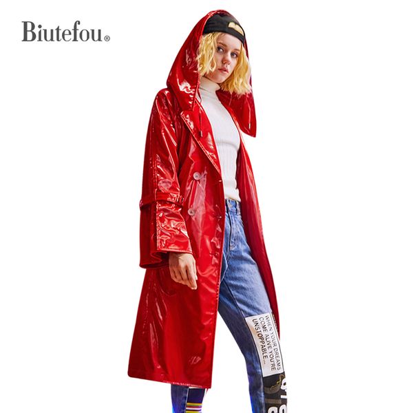 

2018autumn fashion solid color long hooded coats metal color faux leather spliced adjustable waist trench, Tan;black