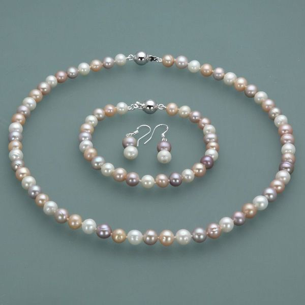 Moda bonita branco / rosa / roxo / natural situado jóias da moda frescos água culta pérola colar de 45-19cm brincos pulseira 7-8 mm