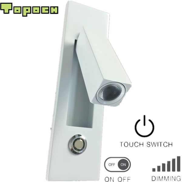 Topoch 2x Lampada da testiera del letto LED 3W Alloggiamento bianco Interruttore cromato Testa girevole di 90 gradi Sinistra/Destra/Avanti Montaggio verticale o orizzontale