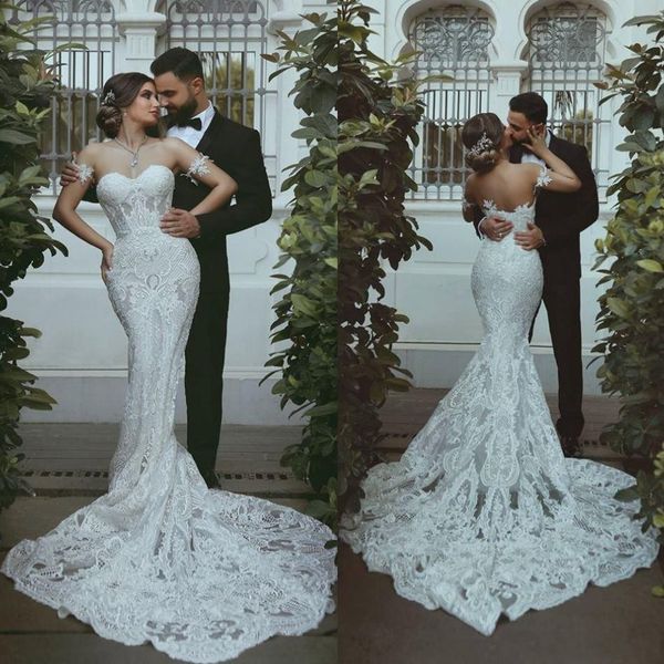 Acheter 2019 Nouveau Moderne Robes De Mariée Sirène Arabe Chérie Complet Dentelle Appliques Long Court Train Plus La Taille Dos Ouvert Robes De Mariée