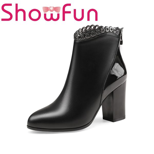

showfun genuine leather shoes woman winter solid ankle pointed toe zipper super high square heel boots, Black