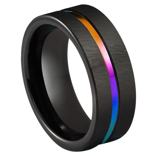 

8mm engagement rings black tungsten carbide bands matte rainbow grooved center promise rings for couples unique jewelry, Slivery;golden
