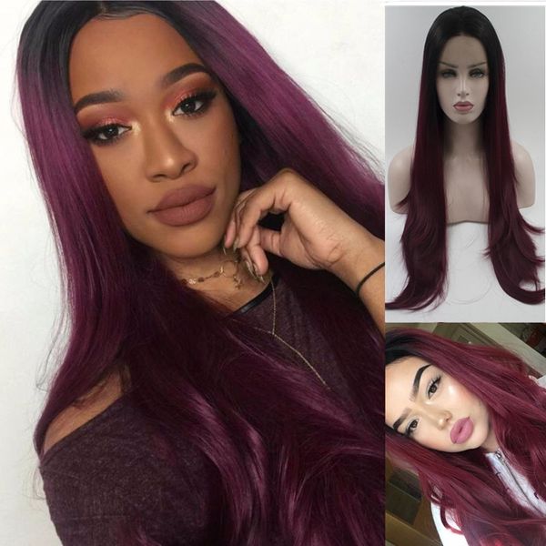 Ombre Burgundy Synthetic Lace Front Wigs Black Root Wine Red Lace