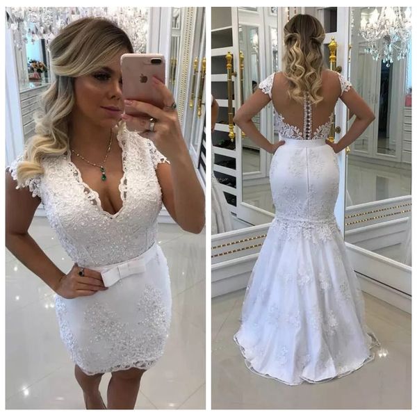 

2019 v-neck slim mermaid lace prom dresses with detachable train lace appliques evening party gowns beaded pearls plus size vestidos, Black