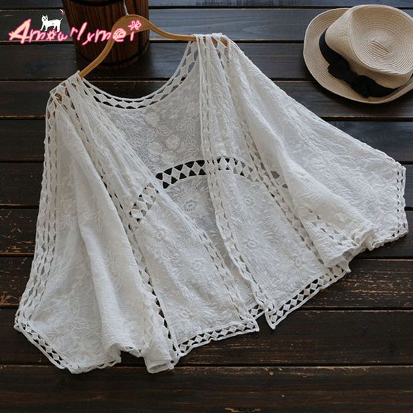 

amourlymei 2018 mori girl summer new women v-neck casual loose bat sleeve hollow out embroidery lace kimono cardigan blouse, White