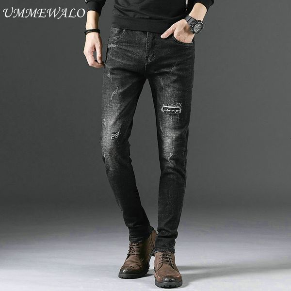 

ummewalo black skinny jeans men embroidery design casual stretch denim jeans mens ripped jean pants male quality hole, Blue