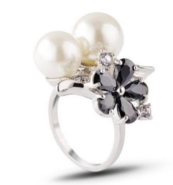 

luxury zircon inlaid pearl ring ladies elegant fashion floral ring, Silver