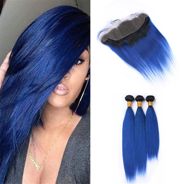 2019 Dark Roots Blue Ombre Straight Hair Bundles With Frontal