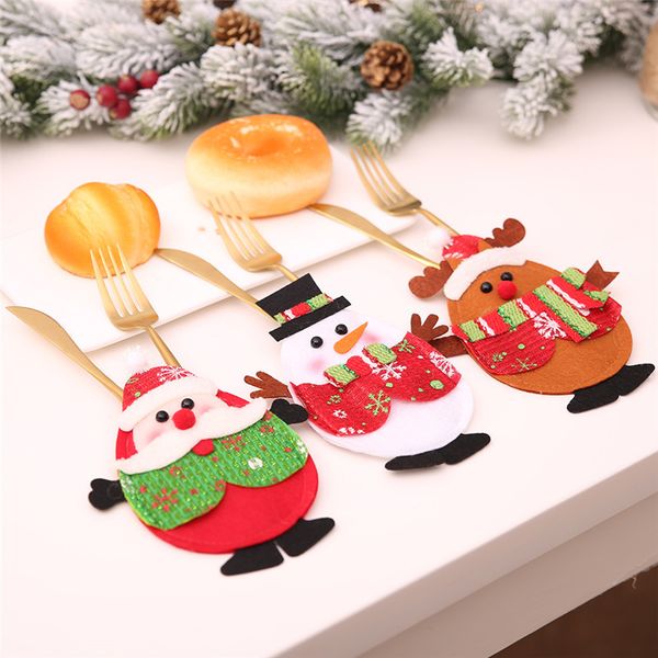 Новейшие рождественские украшения для столовых костюмов, держатели посуды, держатели поля для ножей, ребята из сумки снеговик Санта -Клаус Декор дома украшение