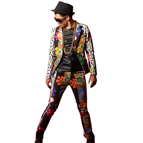 

colorful flower printing splice men slim fit casual suit jacket blazers coat male dancer singer dj fashion stage costumes custom, White;black