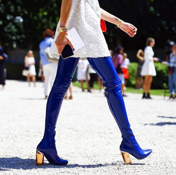 

Стрейч Лакированная Кожа Бедра Высокие Сапоги Для Женщин Шикарный Фирменный На В