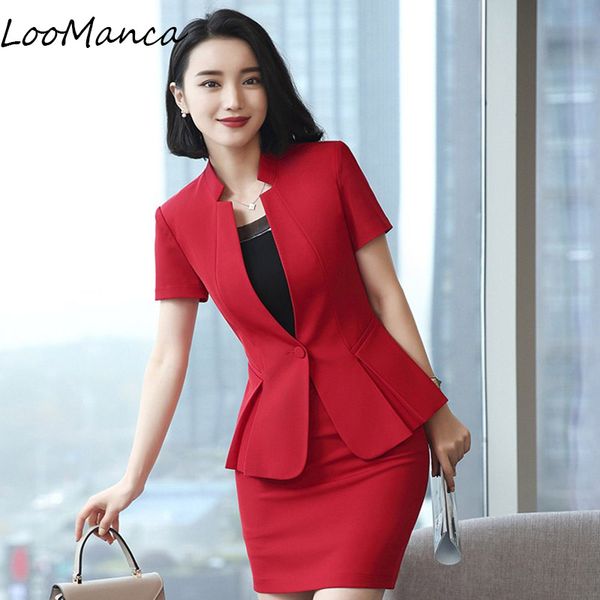 

fashion temperament women skirt suit 2018 new eleformal short sleeve ruffle blazer and skirt office ladies plus size, White;black
