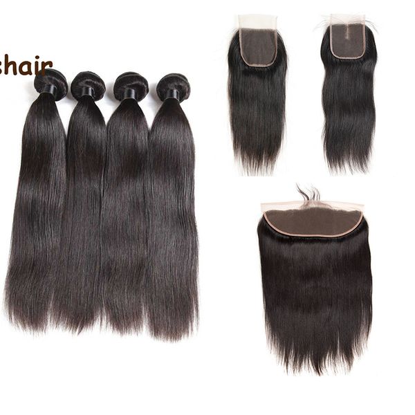 

бразильская virgin straight человеческих волос с закрытием 100% необработанные virgin человеческих волос переплетений 4bundles с кружевом за, Black