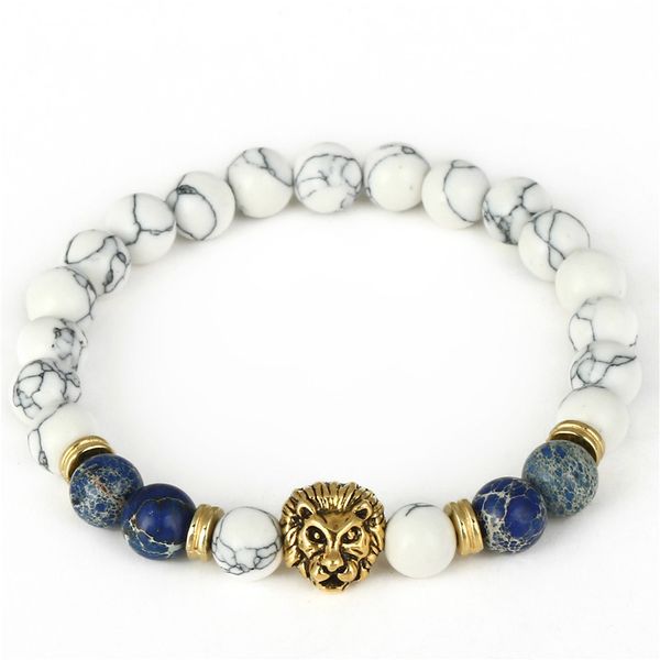 

drop shipping 8mm lab white howlite stone bead bracelet antique gold color lion head charm yoga bracelet high grade mens jewelry, Black