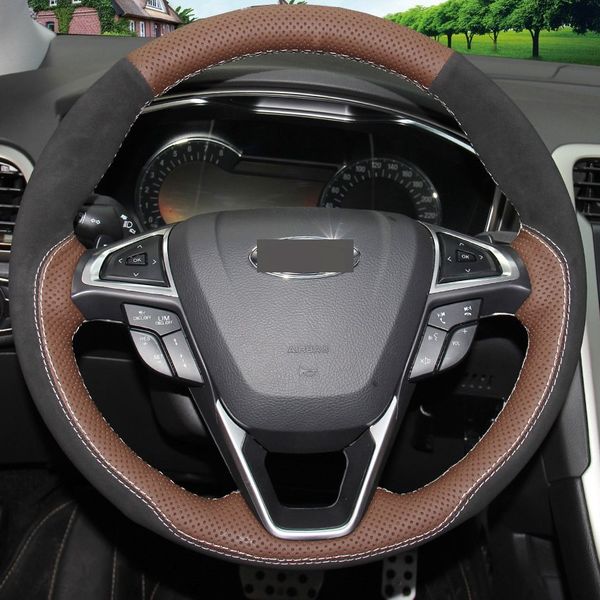 

palm red leather black suede hand-stitched car steering wheel cover for ford fusion mondeo 2013 2014 edge 2015 2016