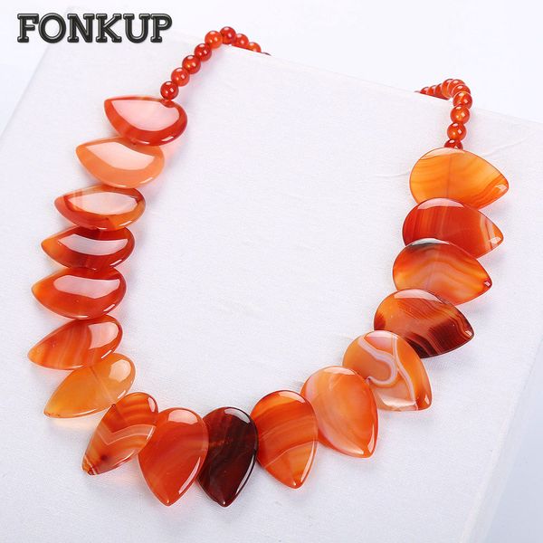 

fonkup red agate necklace natural gem pendant leaf chains bead stone jewellery ethnic women ornaments handmade multilayer beaded, Silver