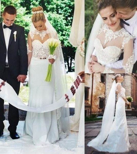 

transparent long sleeve wedding dresses sheer neck lace floor length mermaid 2019 fashion bridal gowns custom size, White