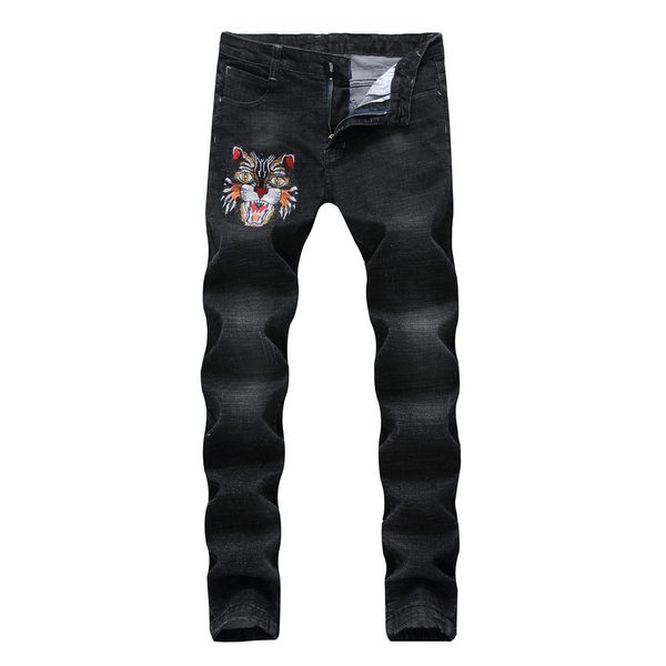 

jeans men 2018 spring black jeans joggers embroideried tiger high street style mid waist straight full length, Blue