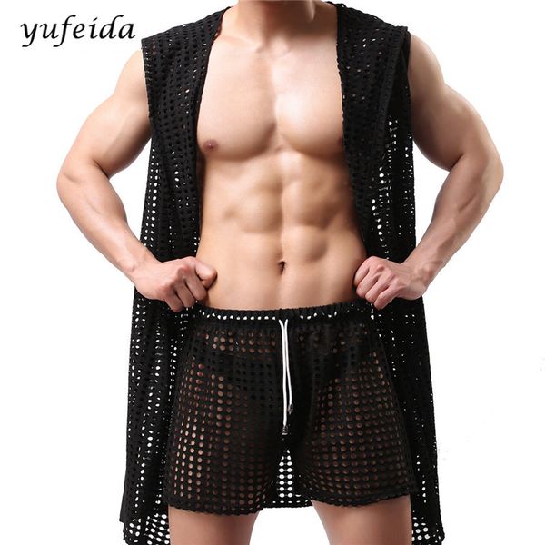 

men's bathrobes kimono home casual sleepwear hollow nets men's bathrobe gown hooded mantle men homme undershirt, Black;brown