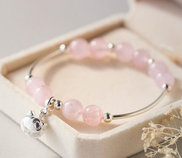 

women's wholesale authentic 925 sterling silver jewelry natural rose quartz &"lucky" engraved kitten cat chain bracelet s331, Golden;silver