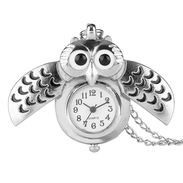 

exquisite silver owl women quartz pocket watch clock smooth dial vintage cute pendant fob watch for lady gifl child, Slivery;golden