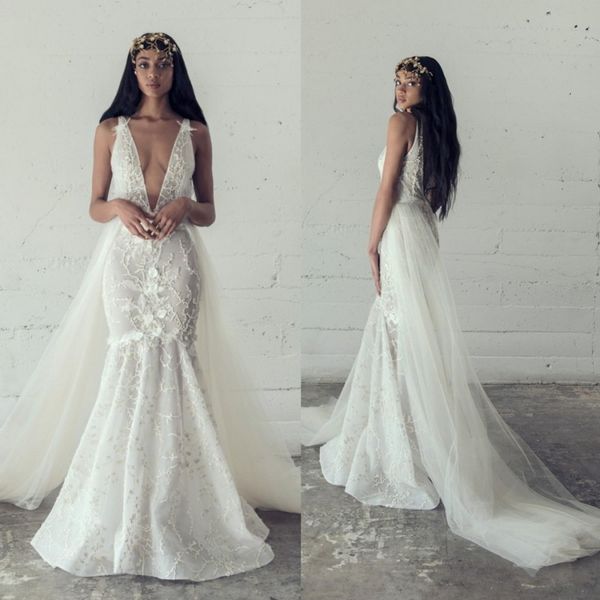 

адам зоар 2019 русалка overkirts свадебные платья sexy глубокий v шеи кружева аппликация иллюзия труба спинки свадебные платья плюс размер v, White