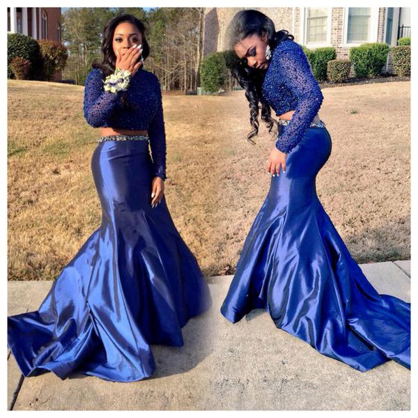 

vintage blue two piece prom dresses crop beaded plus size evening gowns with sleeve taffeta fishtail african dresses 2018 online, Black