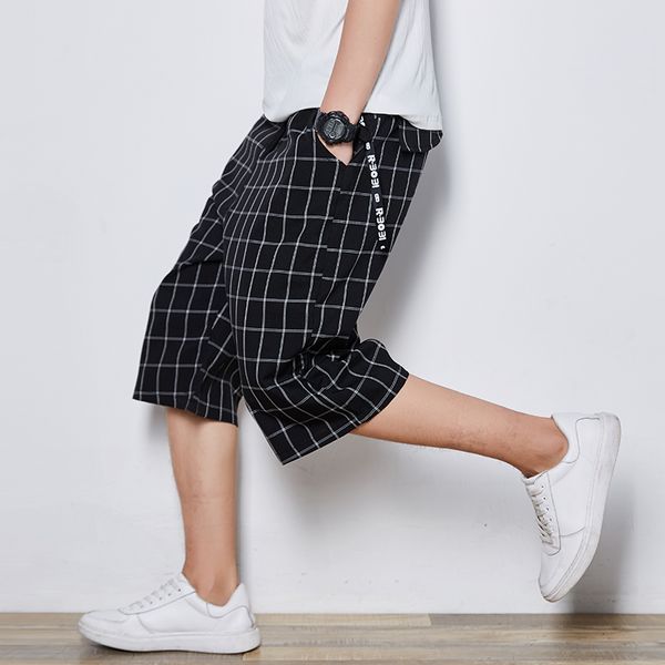 

men's casual drop cloth plaid knee length loose shorts mens elastic waist baggy streetwear asian size 5xl dk07, White;black