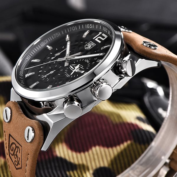 

benyar fashion brand quartz men watch large dial chronograph sport casual mens watches leather male relogio with box, Slivery;brown