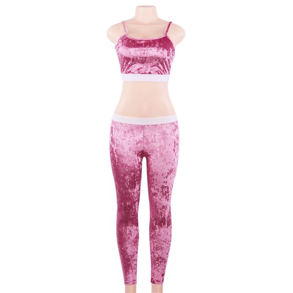 

velvet two piece set fashion tracksuit for women 2 piece sets autumn winter pink sleeveless crop +long pant women's suit, White