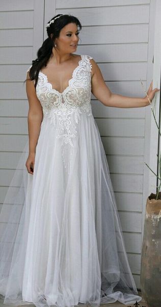 Modesto plus size vestidos de casamento com decote em v sem costas uma linha vestidos de noiva com apliques abiti da sposa renda vestido de casamento243w