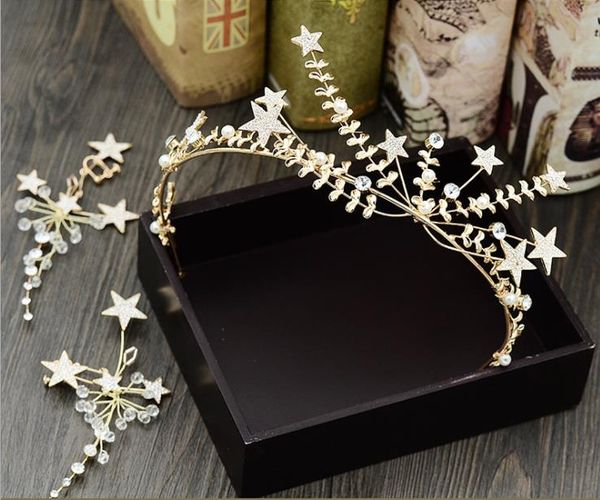 

bridal handmade headwear wedding accessories accessories female hair hoop crown star golden diamond hair belt earrings, Silver