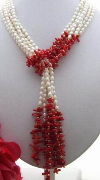 

3strds 50" white pearl&coral necklace, Silver