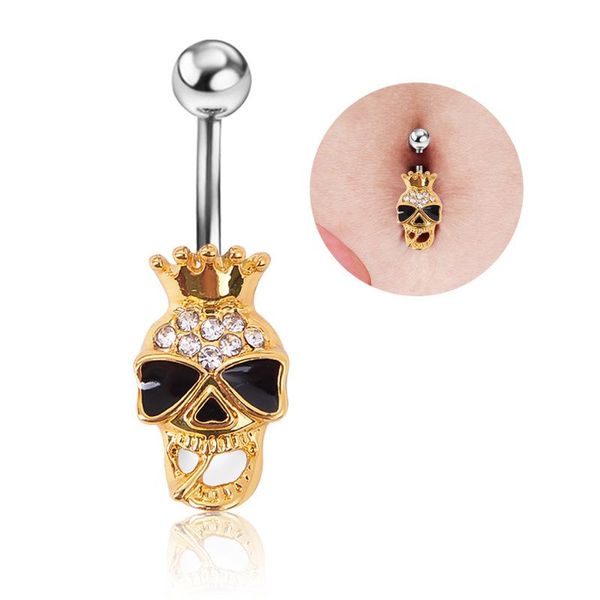 Bauchnabelpiercing / Bauchnabelpiercing aus 316L-Chirurgenstahl mit verzauberter Krone und Totenkopf. Klarer Strass-Kristall