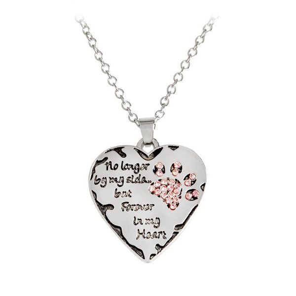 

"no longer be my side but forever in my heart" pink white silver crystal cats dogs paws claw print & heart necklace