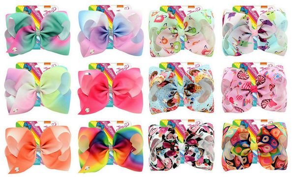 

12 designs 8 inch jojo bow card rainbow gradually changing colors ribbed ribbon unicorn big bowknot barrette children hair clip, Slivery;white