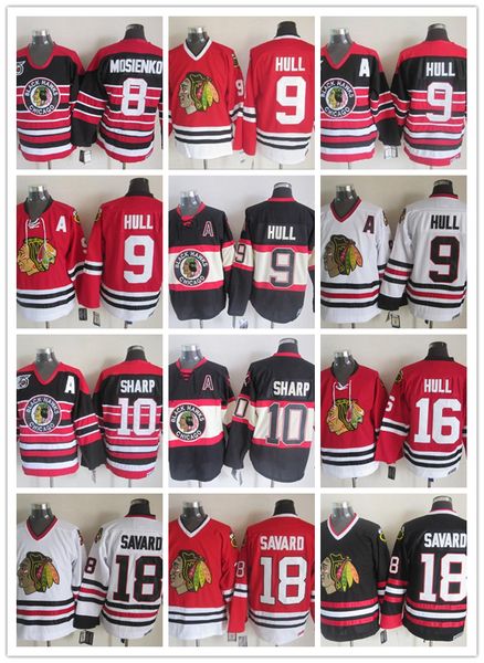 

ccm men stitched chicago blackhawks #8 mosienko/#9 hull/#10 sharp/#16 hull/#18 savard white black red ccm ice hockey jerseys