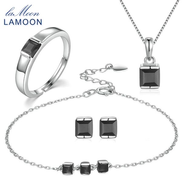 

lamoon natural black chalcedony 925 sterling silver simple jewelry set for women fine jewelry earring ring necklace set v008-b-1