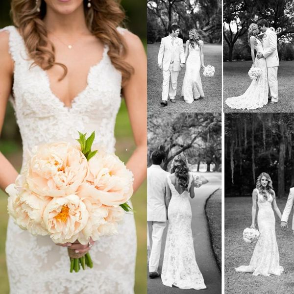

vintage full lace wedding dresses deep v neck backless mermaid chapel train simple spring and summer wedding bridal gowns, White