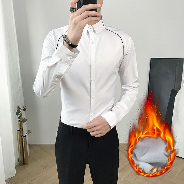 

mens shirts long sleeve casual 2019 winter shirts mens white velvet roupas masculina formal office dress party club, White;black